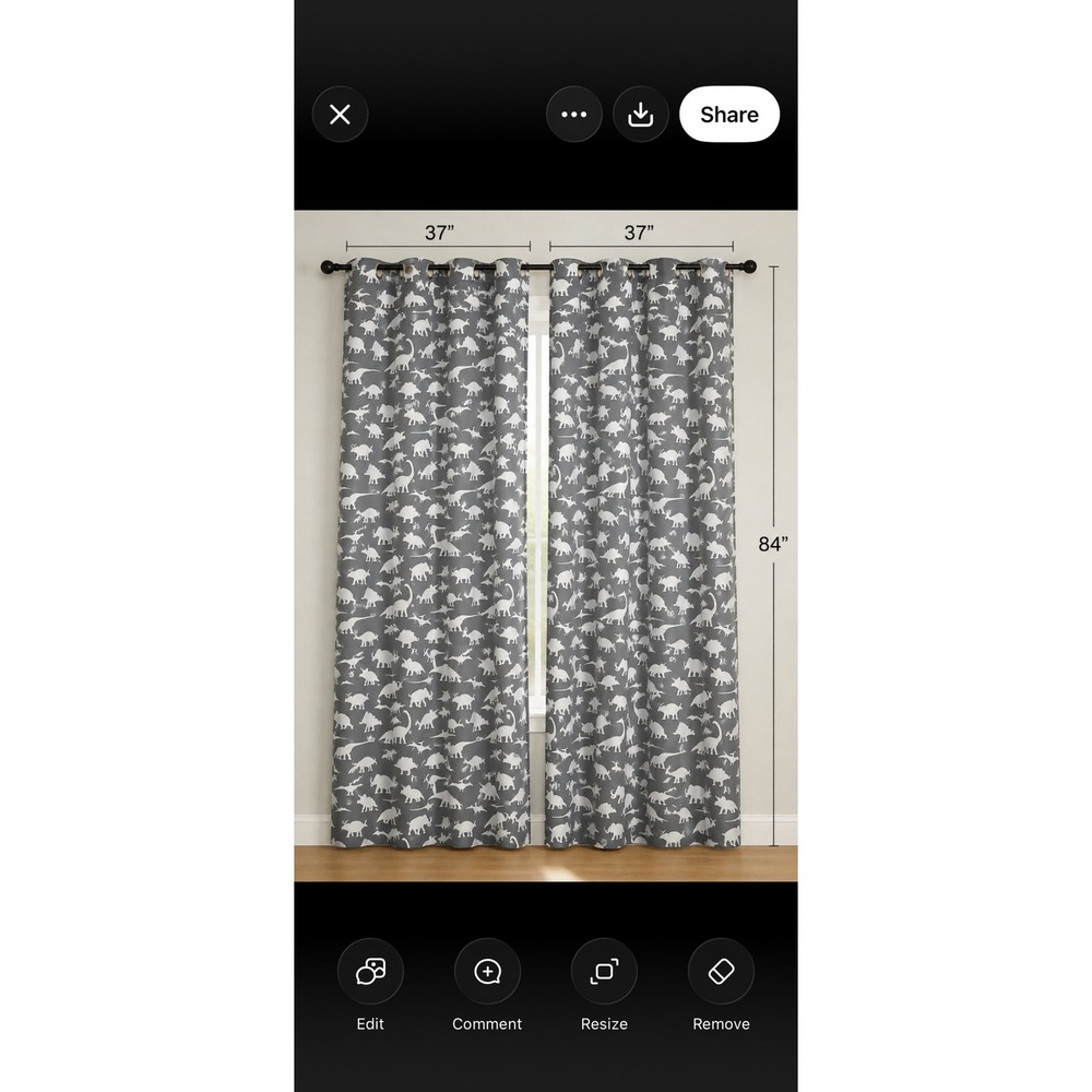 Your Zone Dino Dayz Grey Dinosaur Grommet TWO Curtain Panels 37x84 Kids Decor